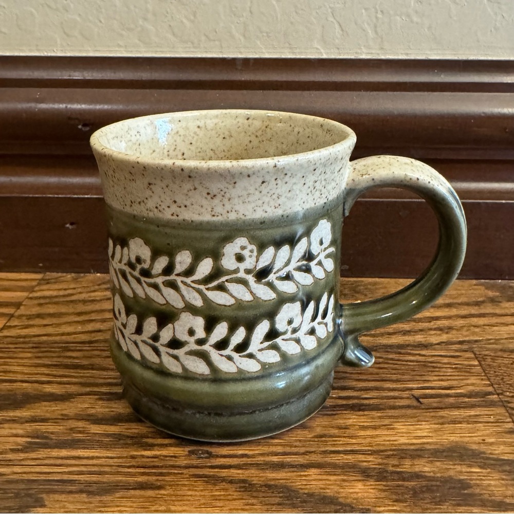 Handmade Green and Cream Speckled Floral Ceramic Mug